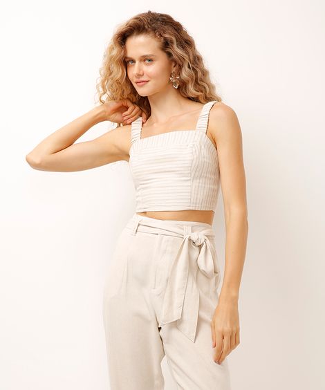 cropped com linho listrado bege