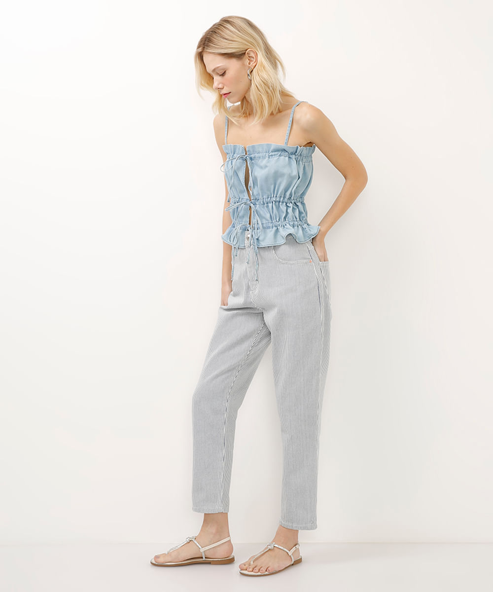 cropped jeans com amarração azul