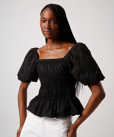 blusa franzida manga bufante mindset preta