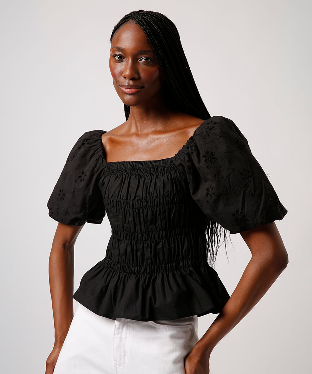 blusa franzida manga bufante mindset preta