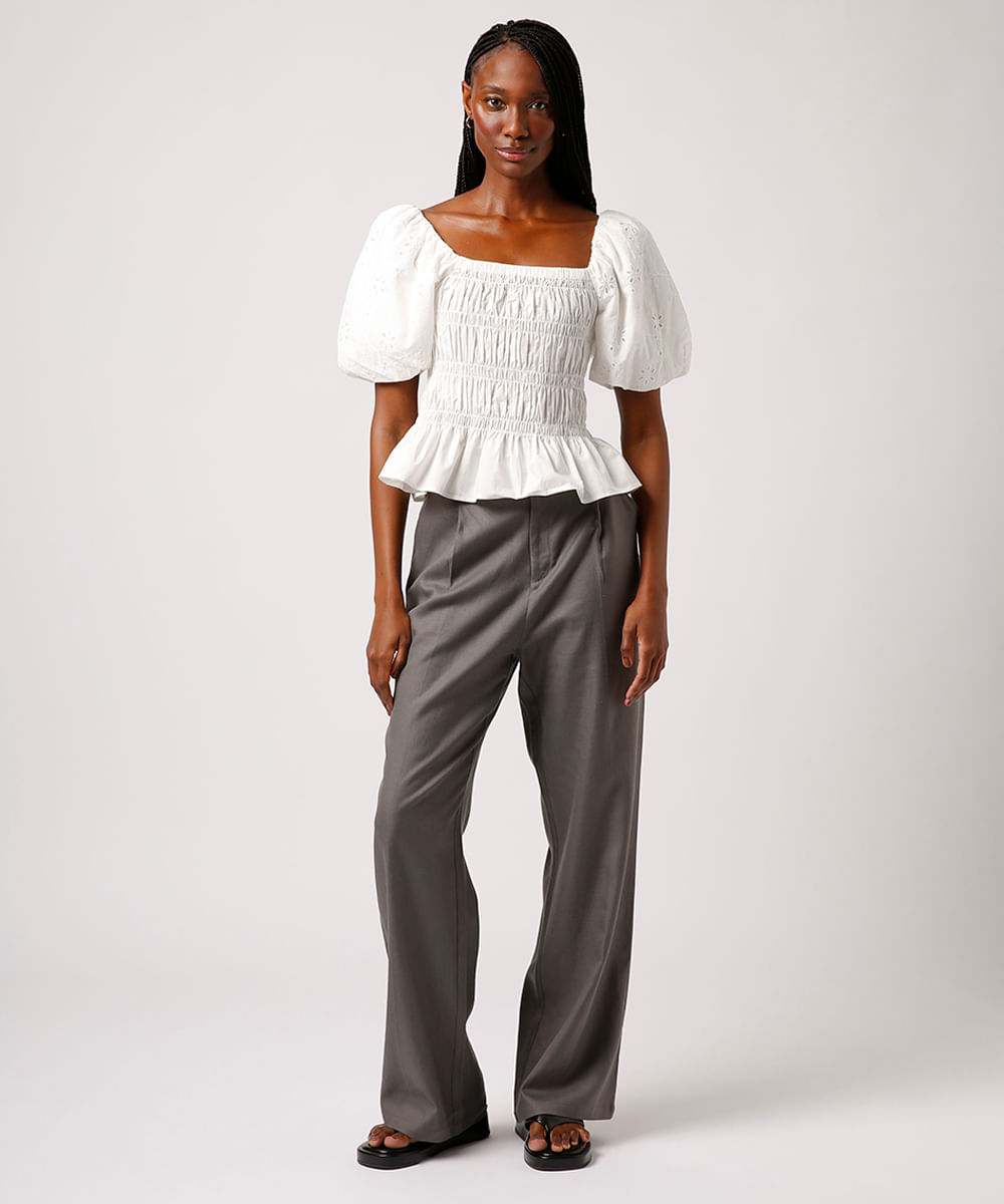 blusa franzida manga bufante mindset off white