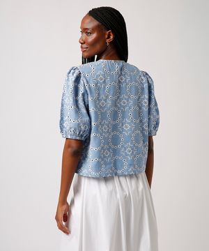 blusa de laise com laços floral mindset azul