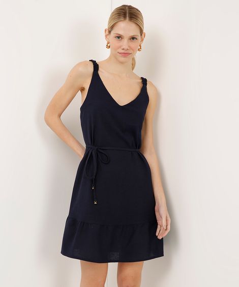 vestido curto com linho azul