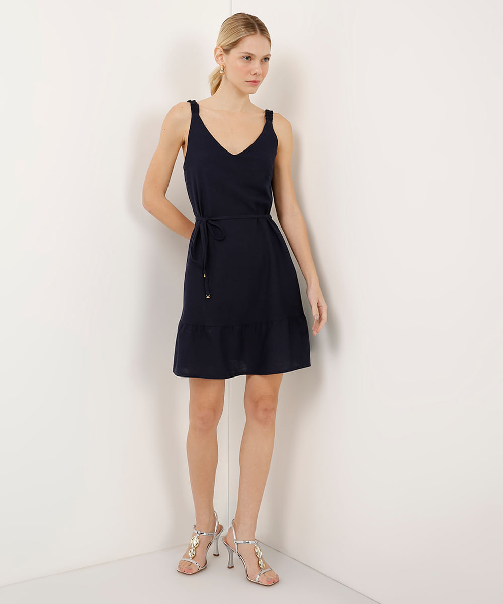 vestido curto com linho azul
