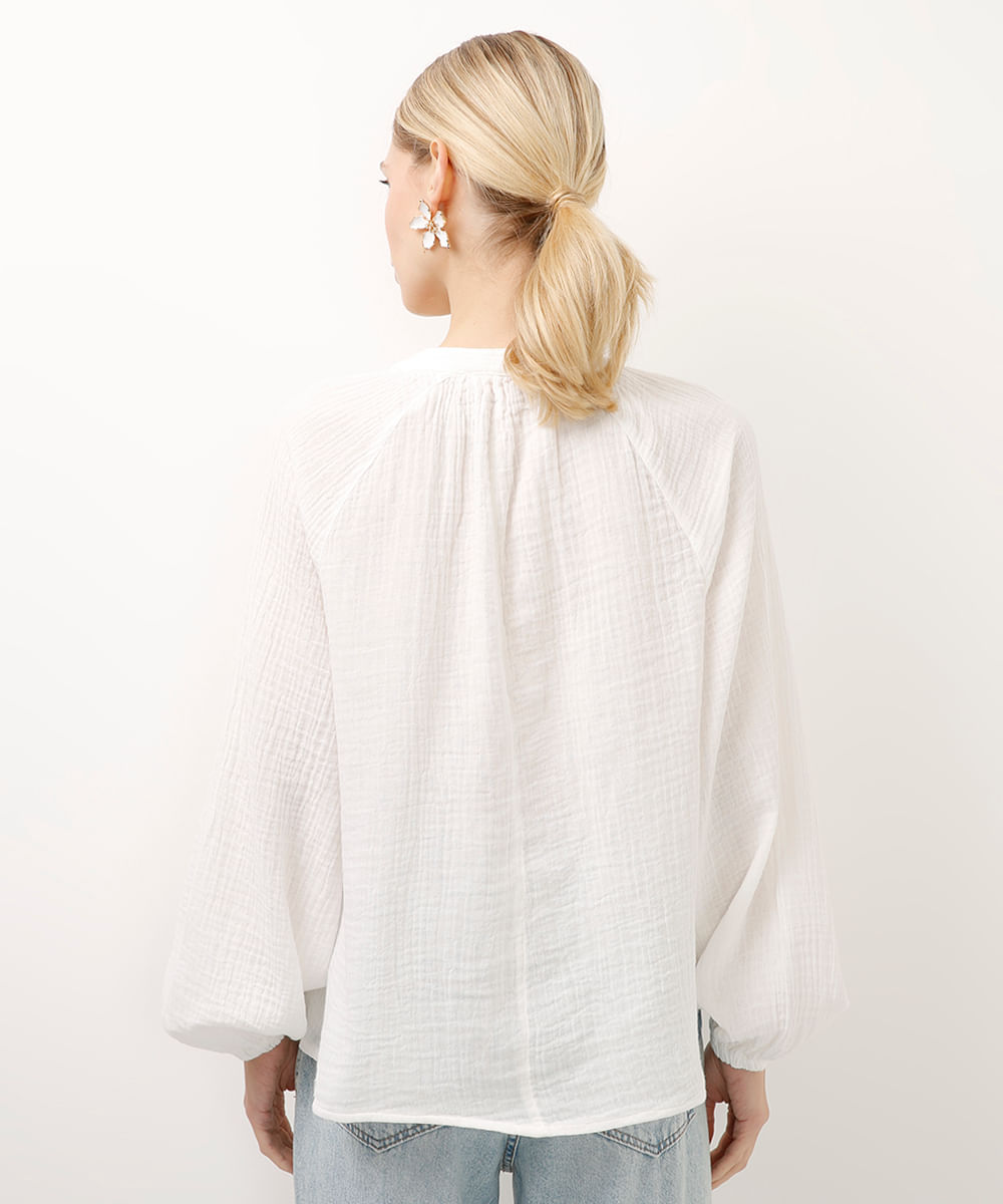 bata de algodão decote v manga longa off white