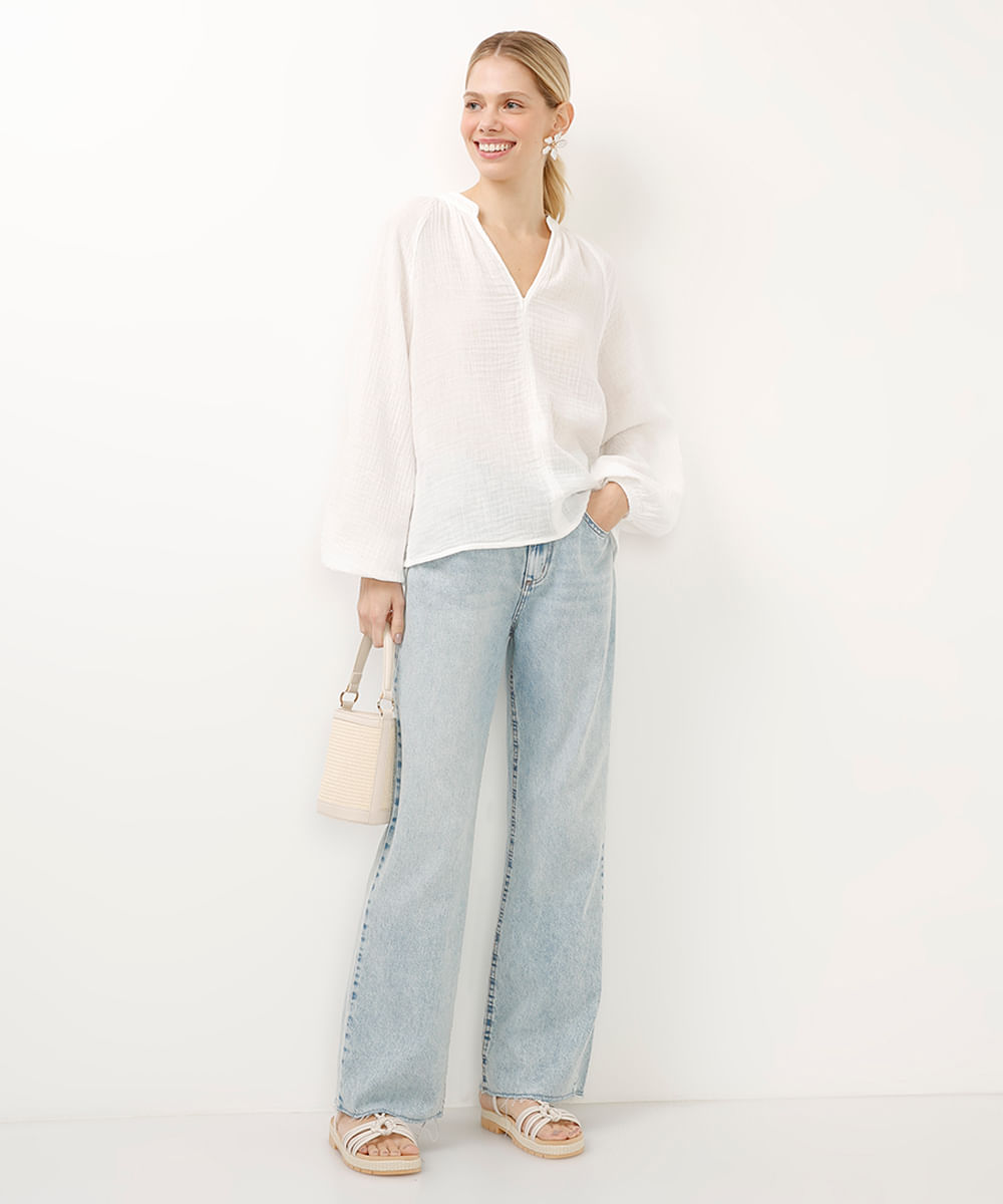 bata de algodão decote v manga longa off white