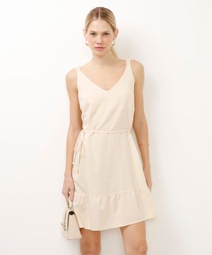 vestido curto com linho bege