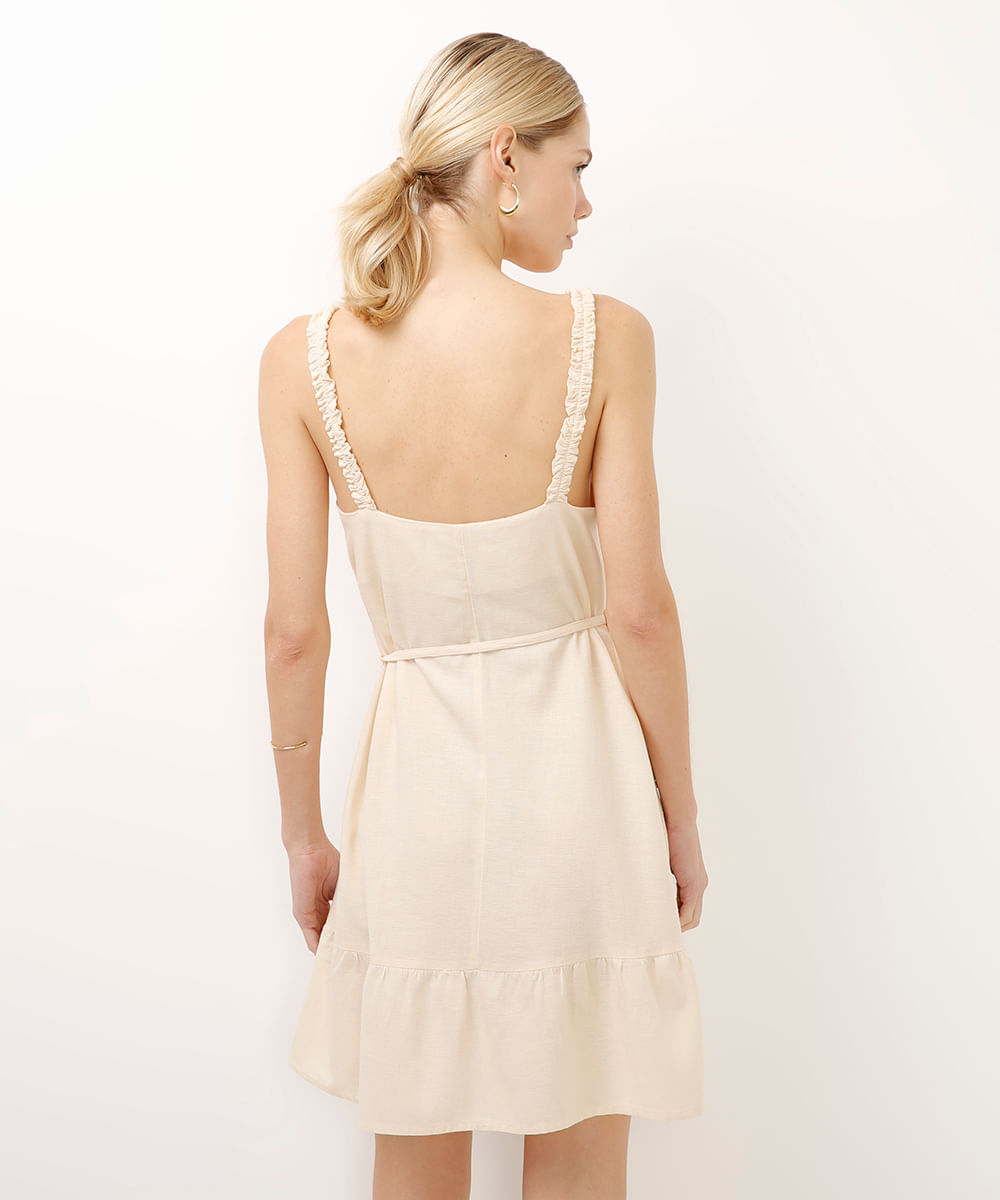 vestido curto com linho bege