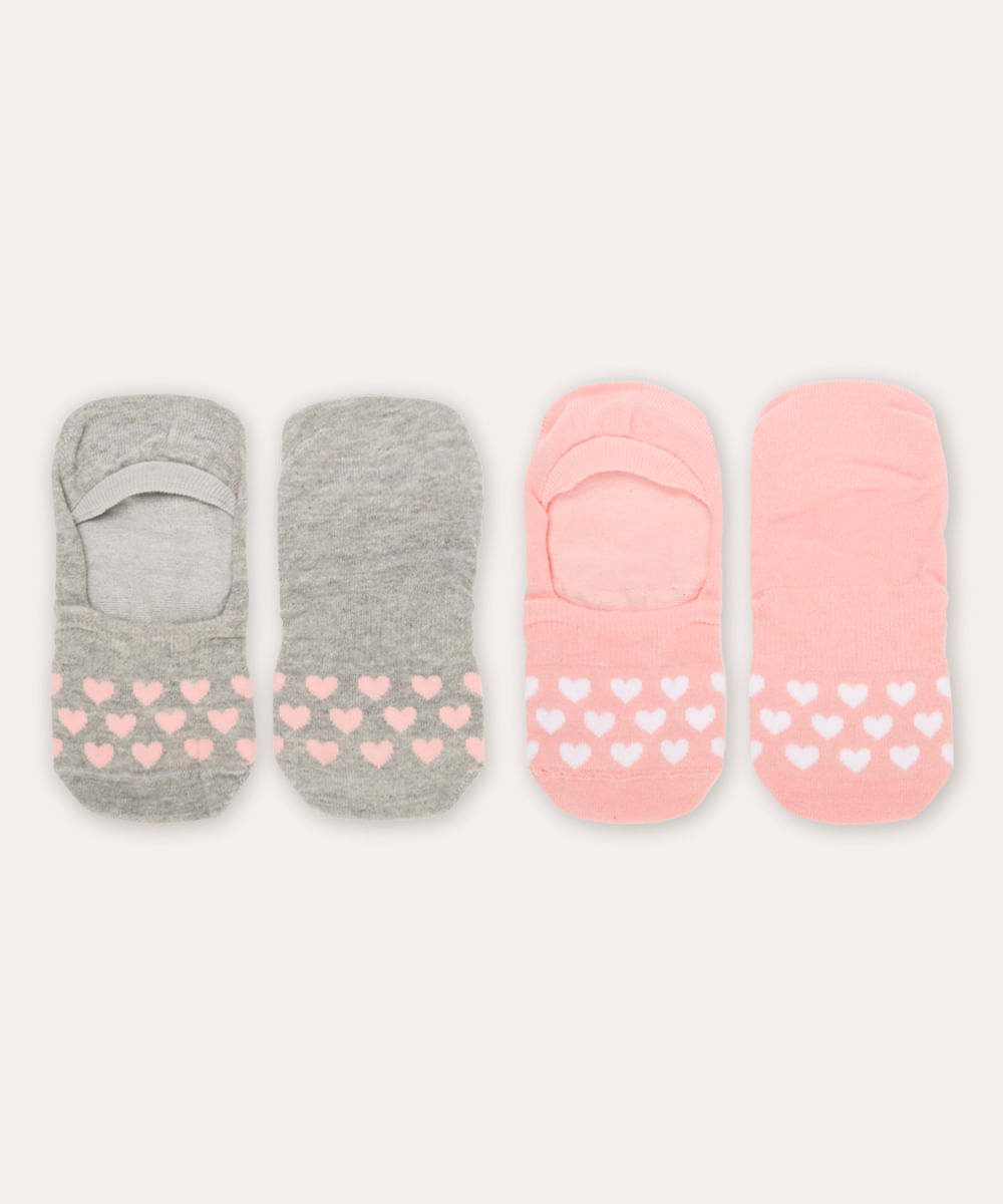 kit de 2 meias cano invisível coração colorida