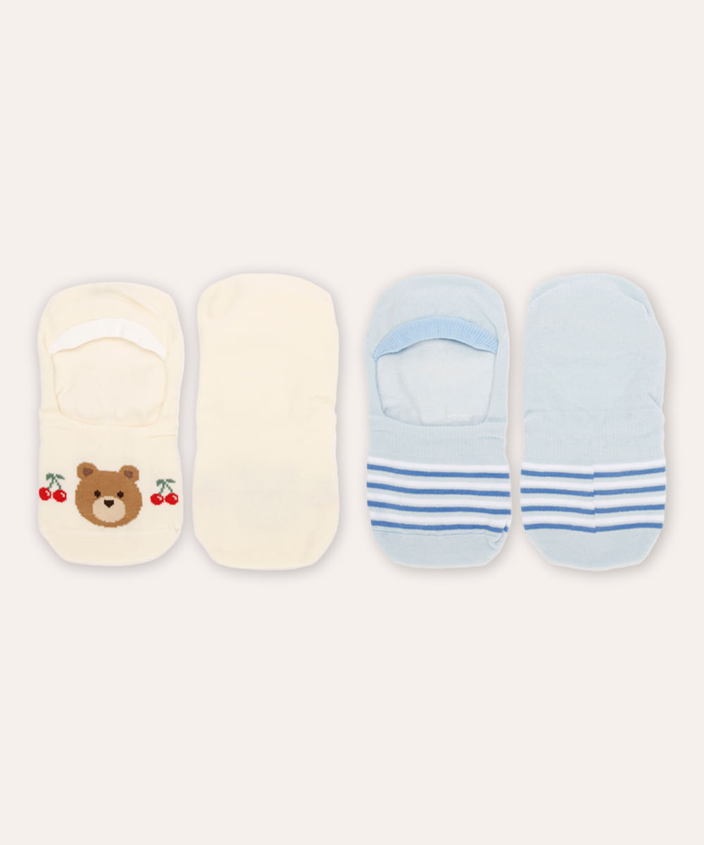 kit de 2 meias cano invisível ursinho e listrado colorida