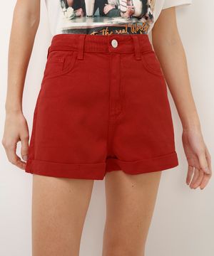 short mom de sarja cintura alta vermelho