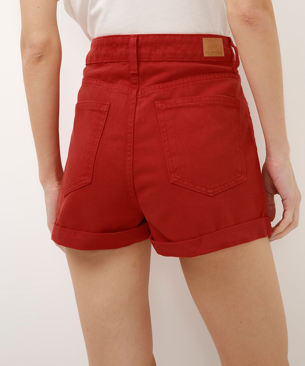 short mom de sarja cintura alta vermelho