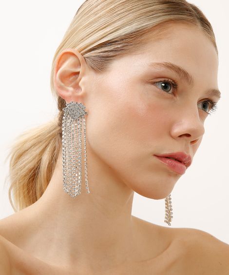 brinco de strass com franjas prateado