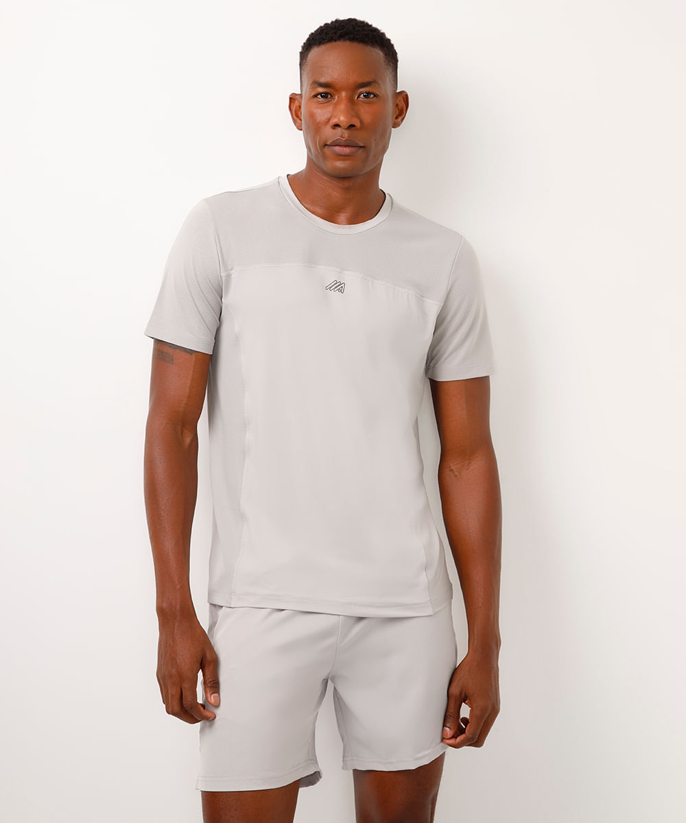 camiseta slim manga curta com recortes esportiva cinza