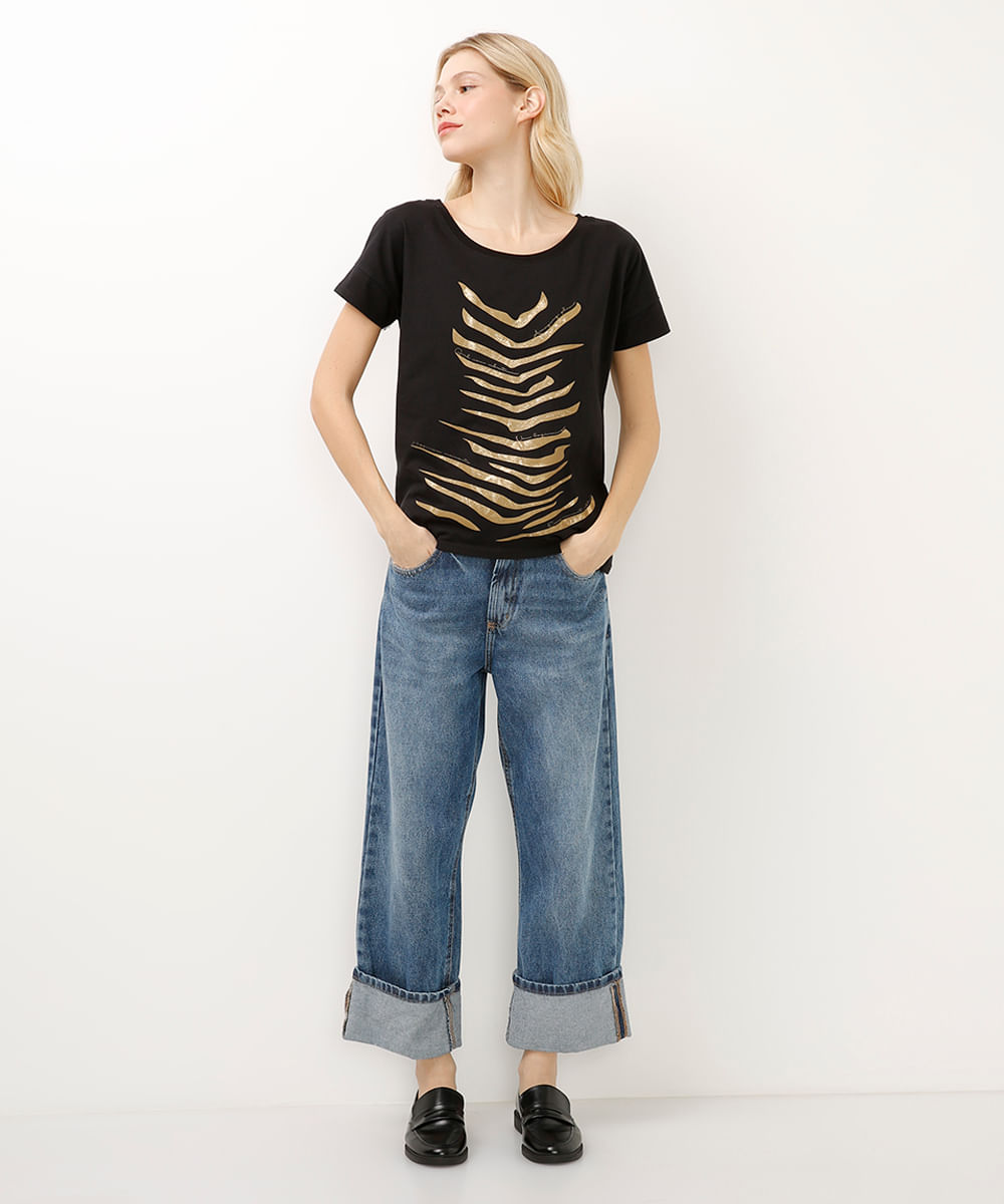 blusa de algodão abstrata preta
