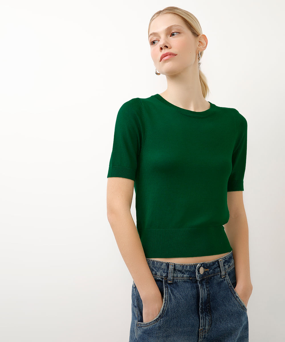 cropped de tricot manga curta verde