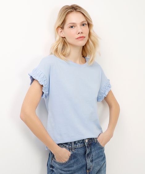 camiseta de algodão manga curta com fru fru azul