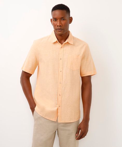 camisa comfort com linho manga curta - laranja