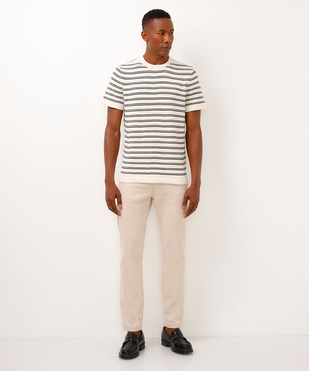 camiseta comfort de tricot manga curta listrada - off white