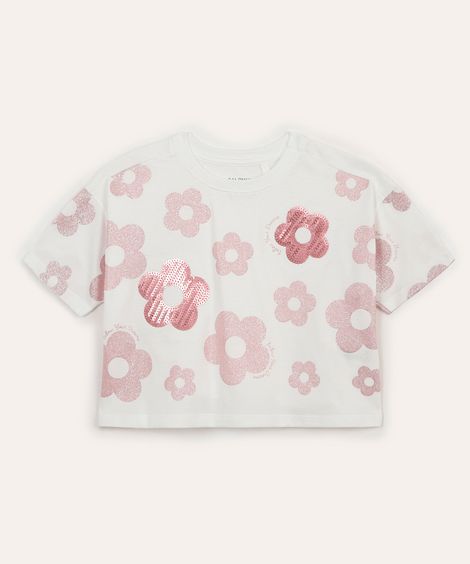 camiseta de algodão infantil floral com paête off white