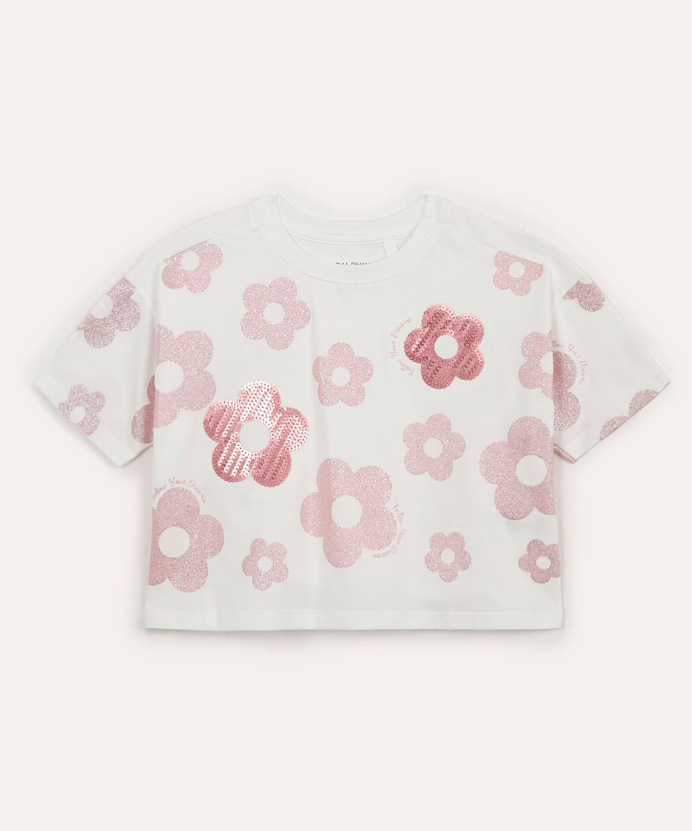 camiseta de algodão infantil floral com paête off white