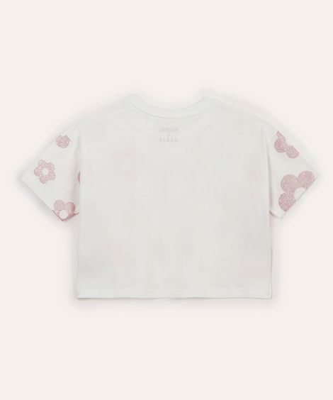 camiseta de algodão infantil floral com paête off white