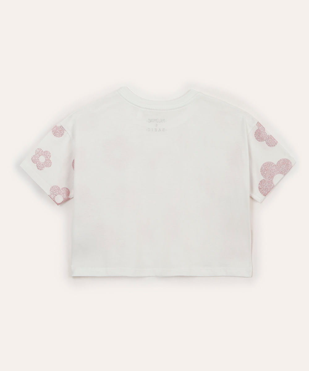 camiseta de algodão infantil floral com paête off white