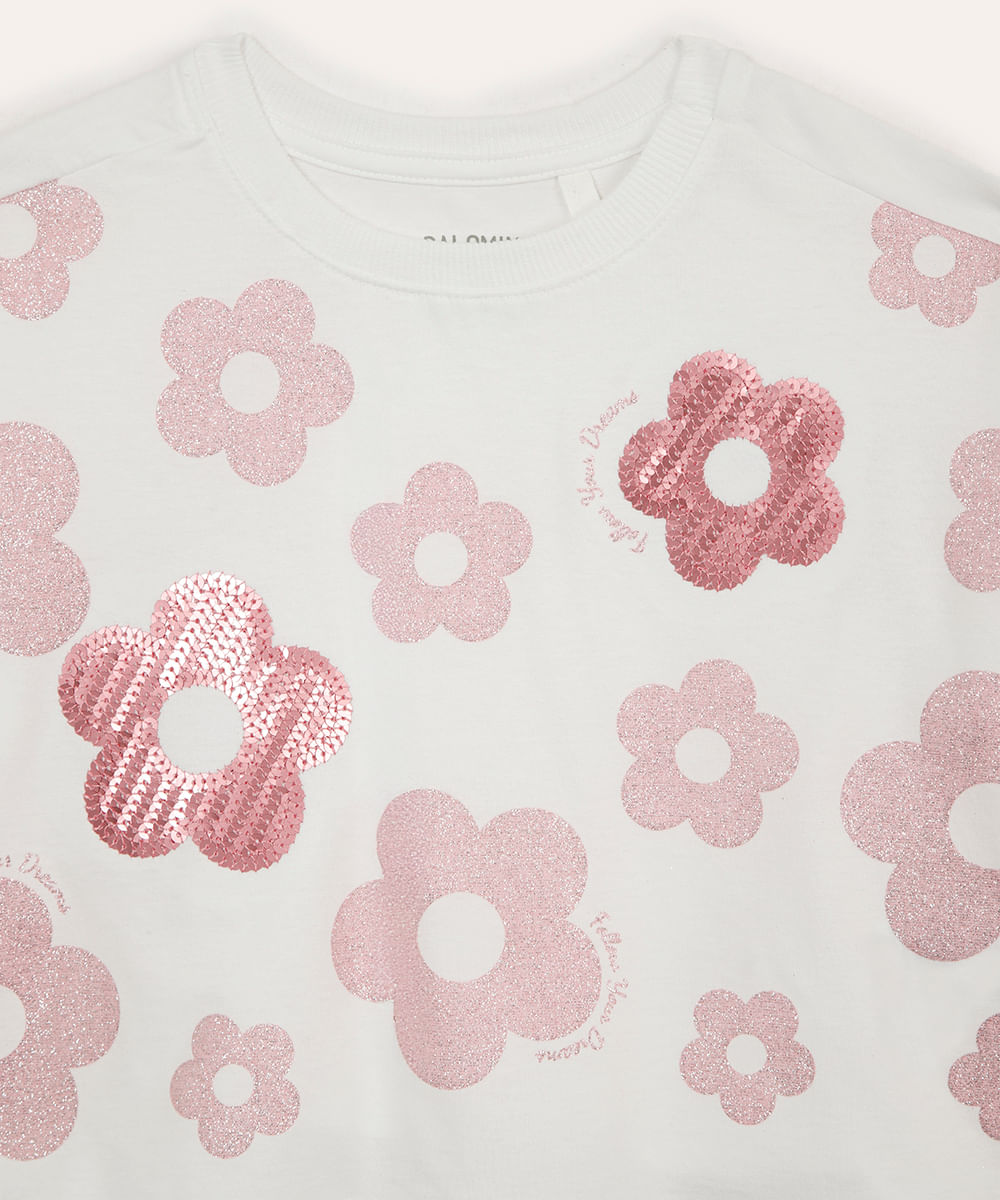 camiseta de algodão infantil floral com paête off white