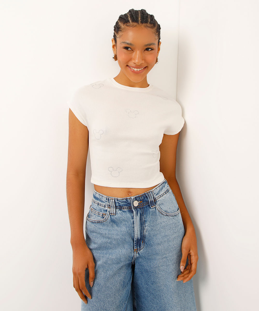 cropped de algodão mickey com brilhos off white