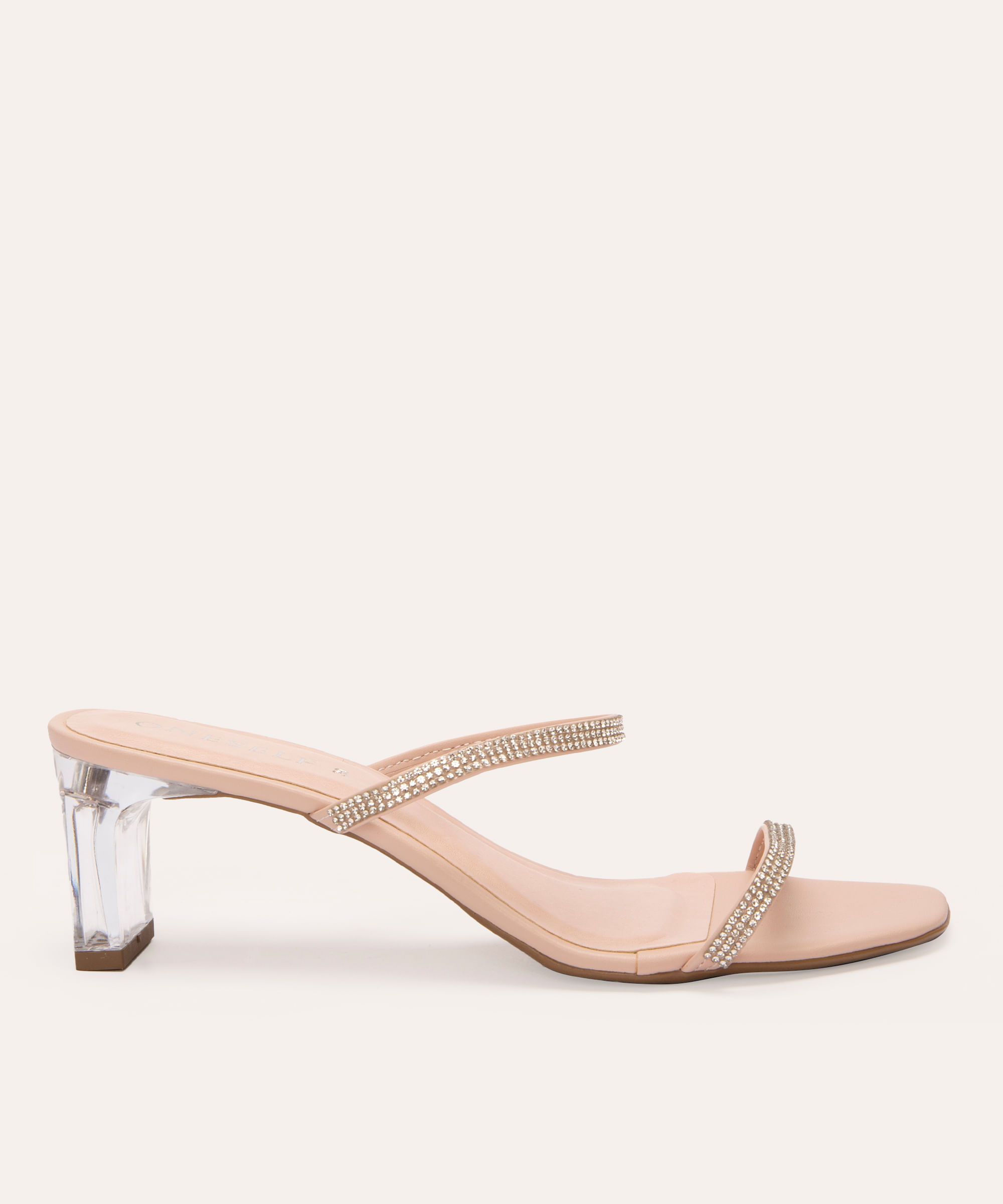 tamanco tira com strass salto em acrílico oneself rosa