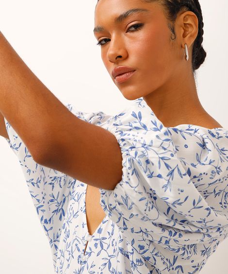 blusa de viscose manga bufante floral off white