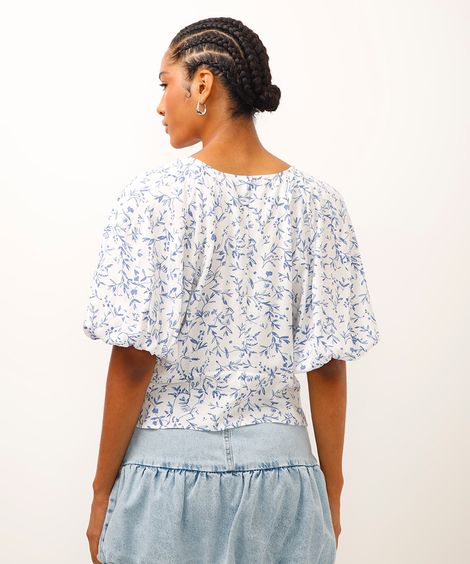 blusa de viscose manga bufante floral off white