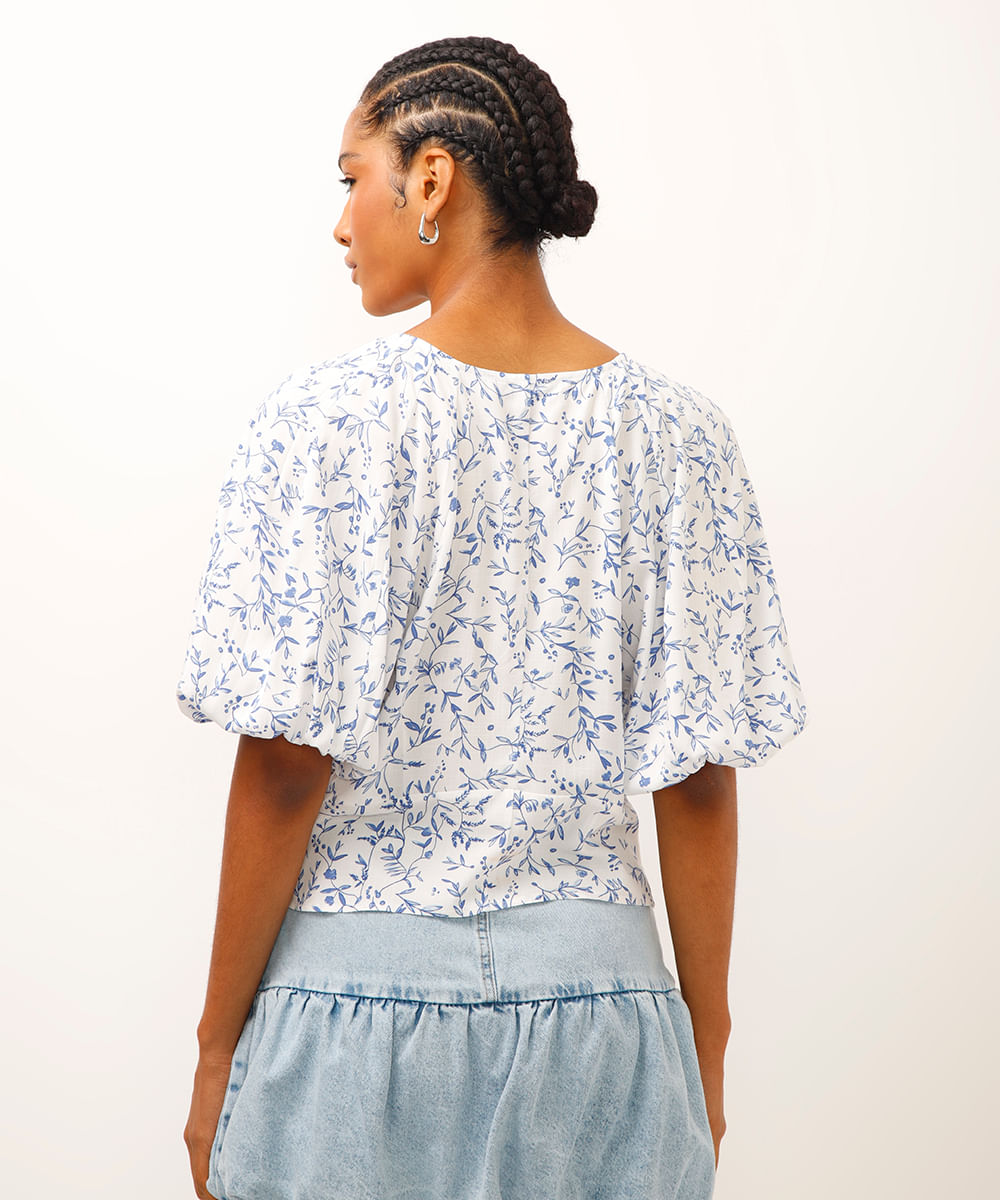 blusa de viscose manga bufante floral off white