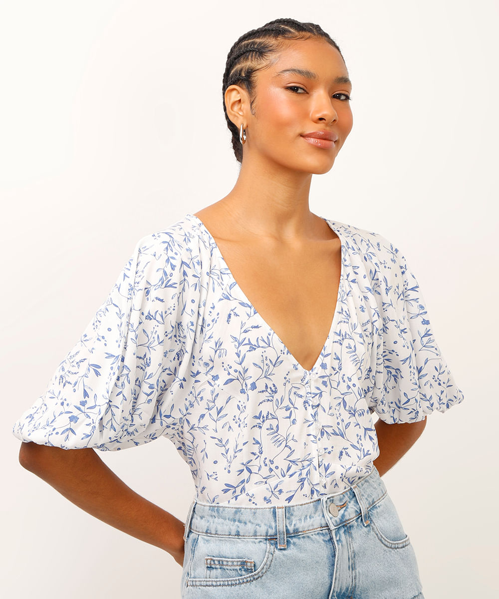 blusa de viscose manga bufante floral off white