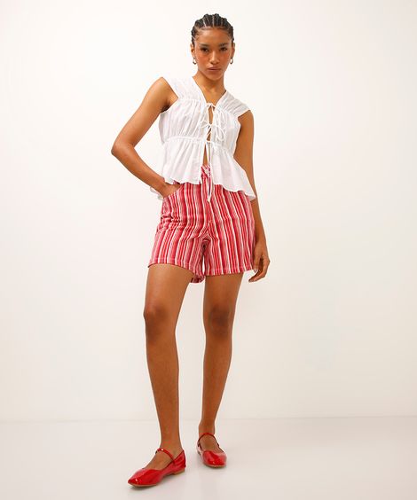 short mom de sarja listrado vermelho