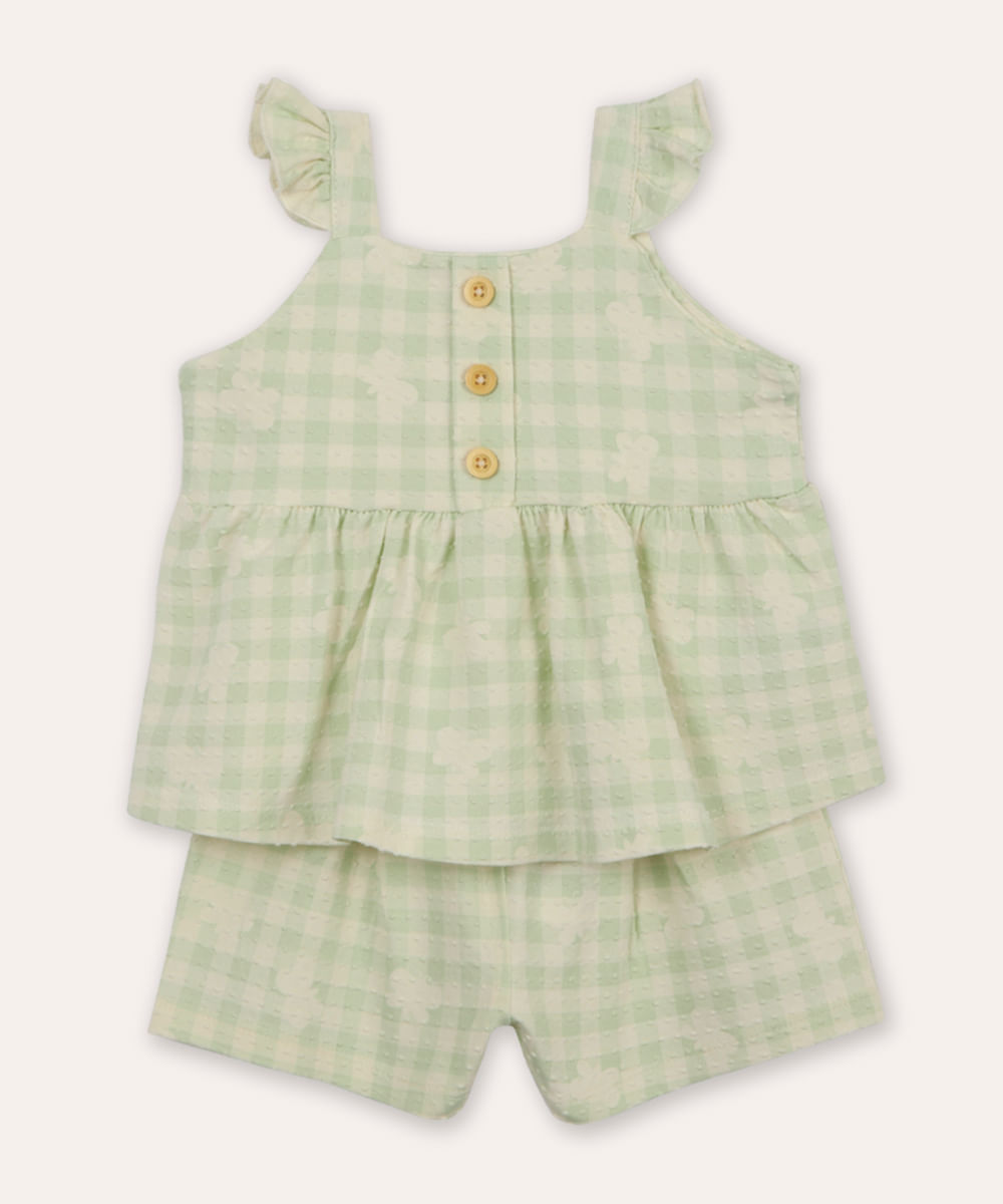 conjunto curto infantil xadrez borboleta texturizado verde