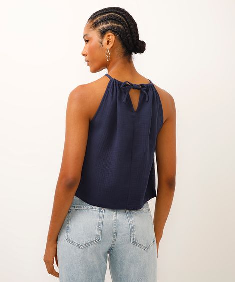 blusa halterneck de algodão com bordado floral azul