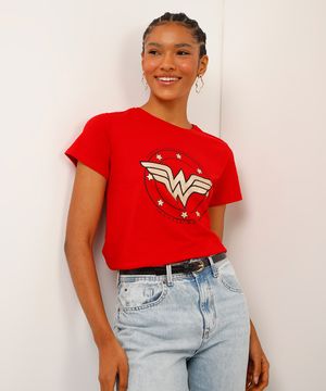 camiseta de algodão mulher maravilha vermelha