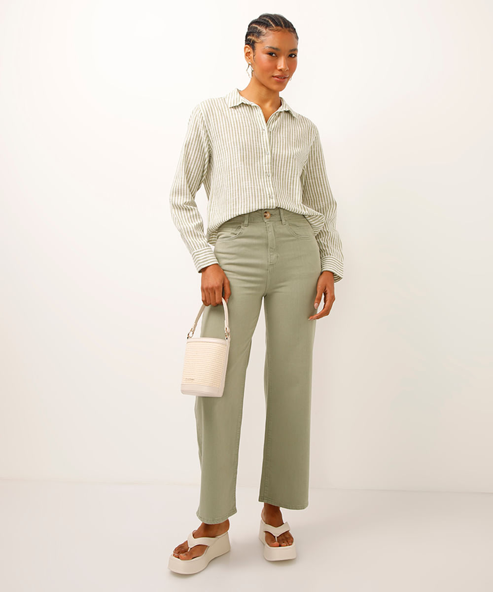 camisa de algodão listrada verde