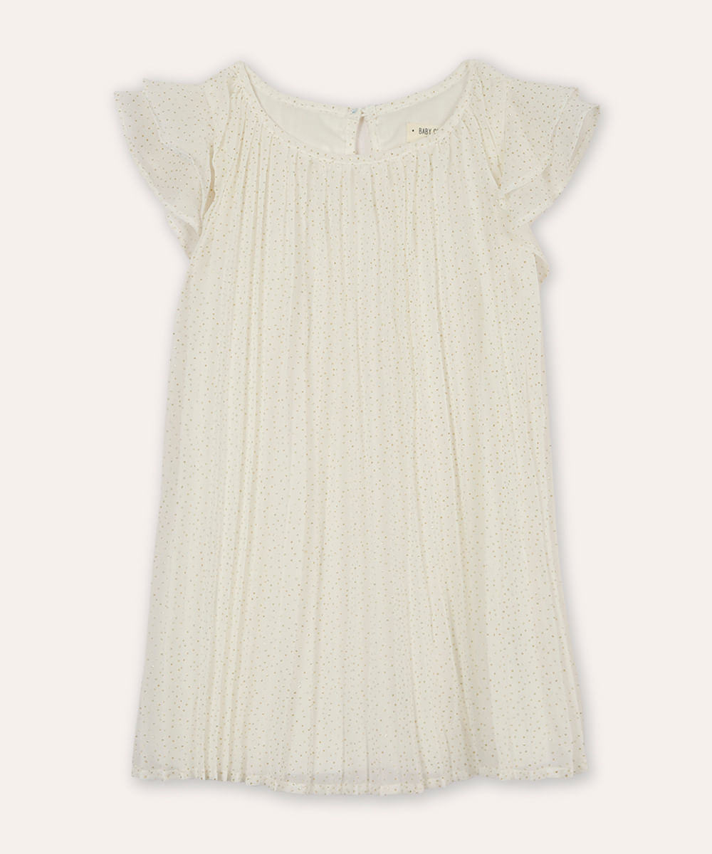 vestido plissado infantil com poá brilhoso off white