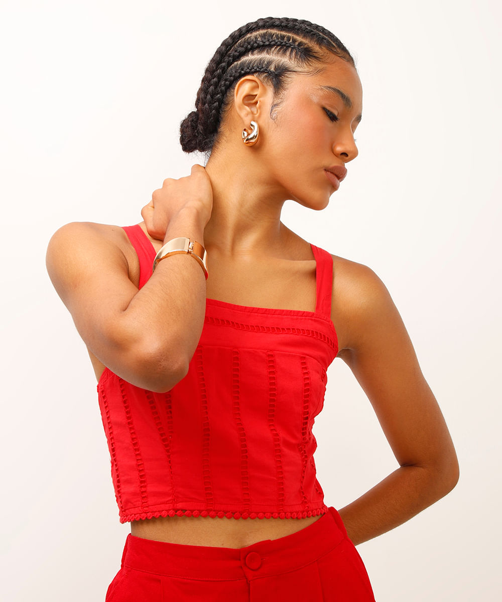 cropped de laise decote quadrado vermelho