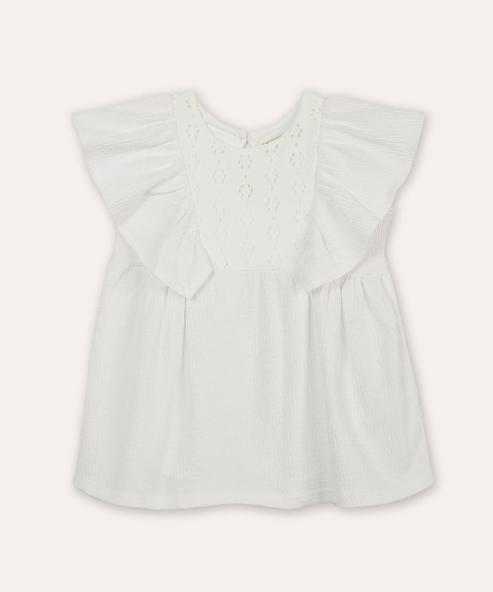 bata infantil com laise e babado off white