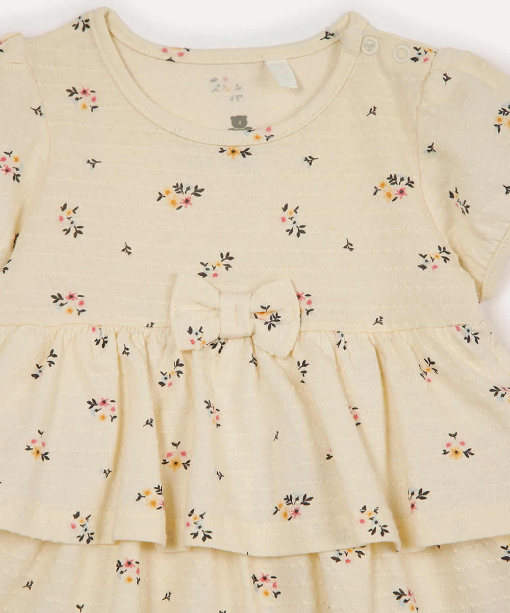 body vestido infantil manga curta laço e floral bege
