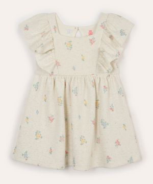 vestido infantil com linho floral bege