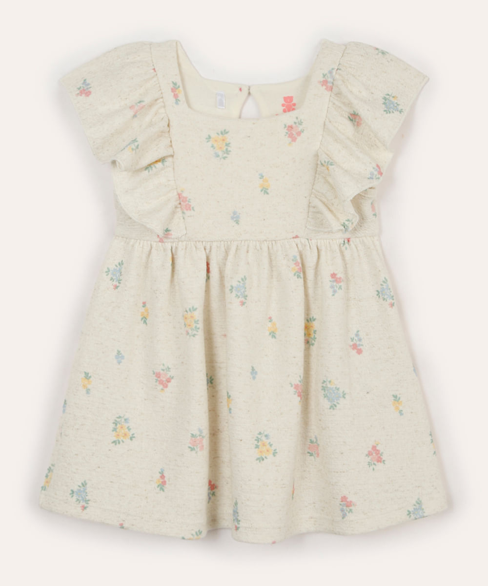 vestido infantil com linho floral bege