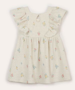 vestido infantil com linho floral bege