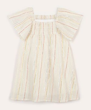 vestido infantil de algodão com lurex listrado off white