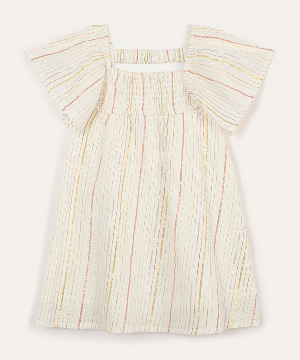 vestido infantil de algodão com lurex listrado off white