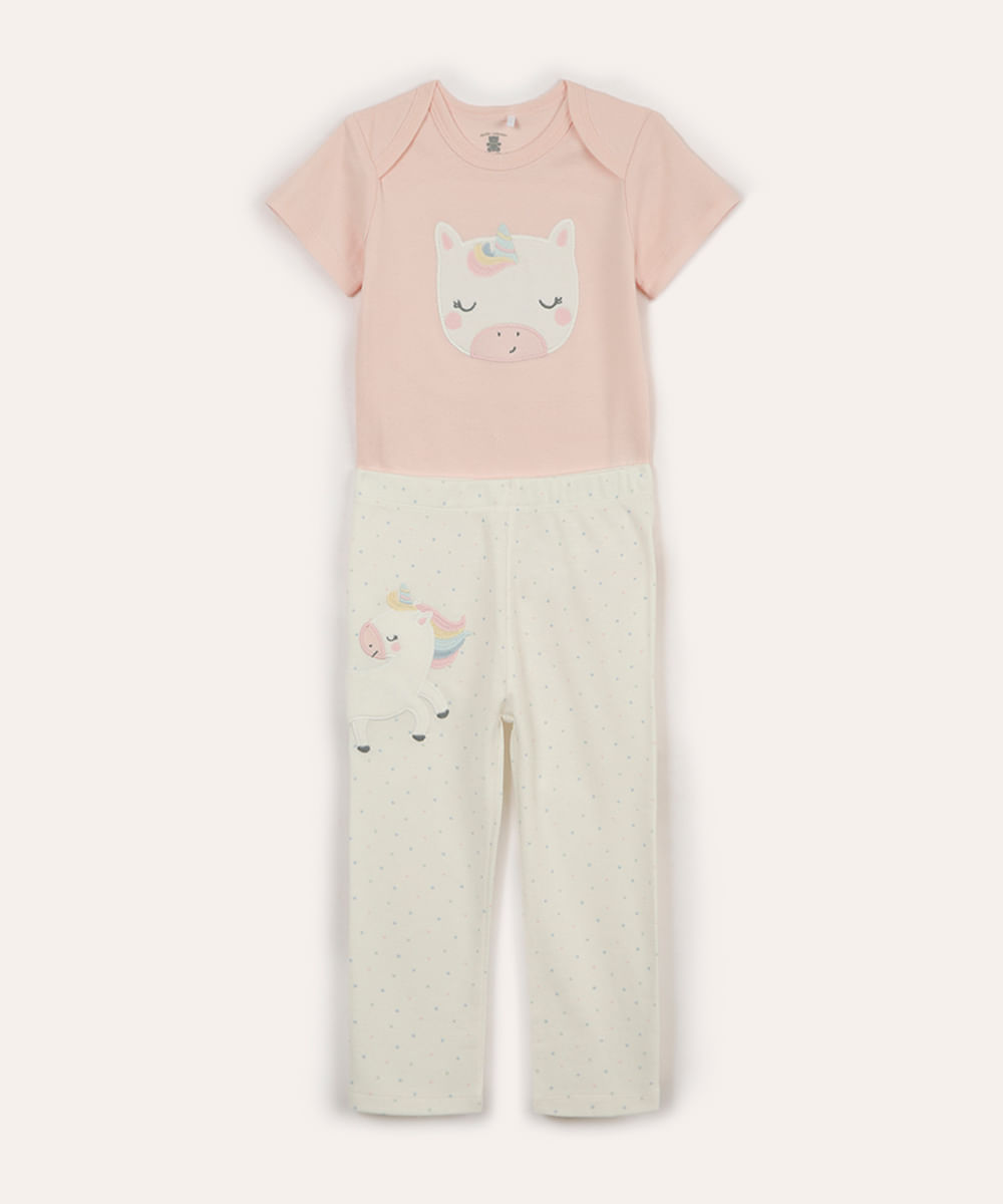 conjunto longo infantil de algodão unicórnio rosa