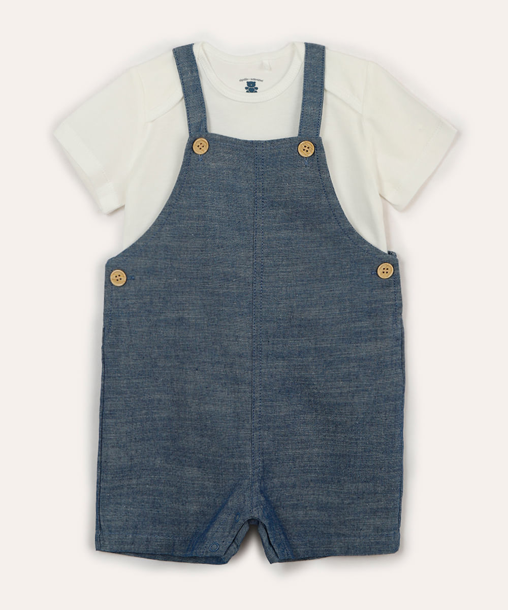 jardineira infantil curta jeans e camiseta azul